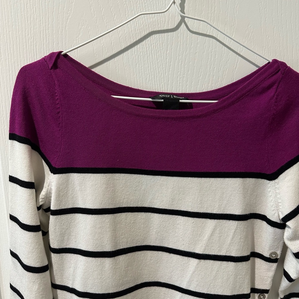 White House Black Market White Black and Purple Striped Side Button Knit Top - Picture 2 of 7